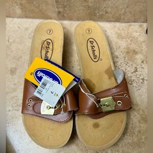 Women's Dr Scholl's Tracy Tan Leather and Faux Wood Sandals Size 7 Buckle NWT
